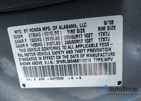 2008 Honda Odyssey Touring z USA, uszkodzony, nr VIN 5FNRL38948B112218